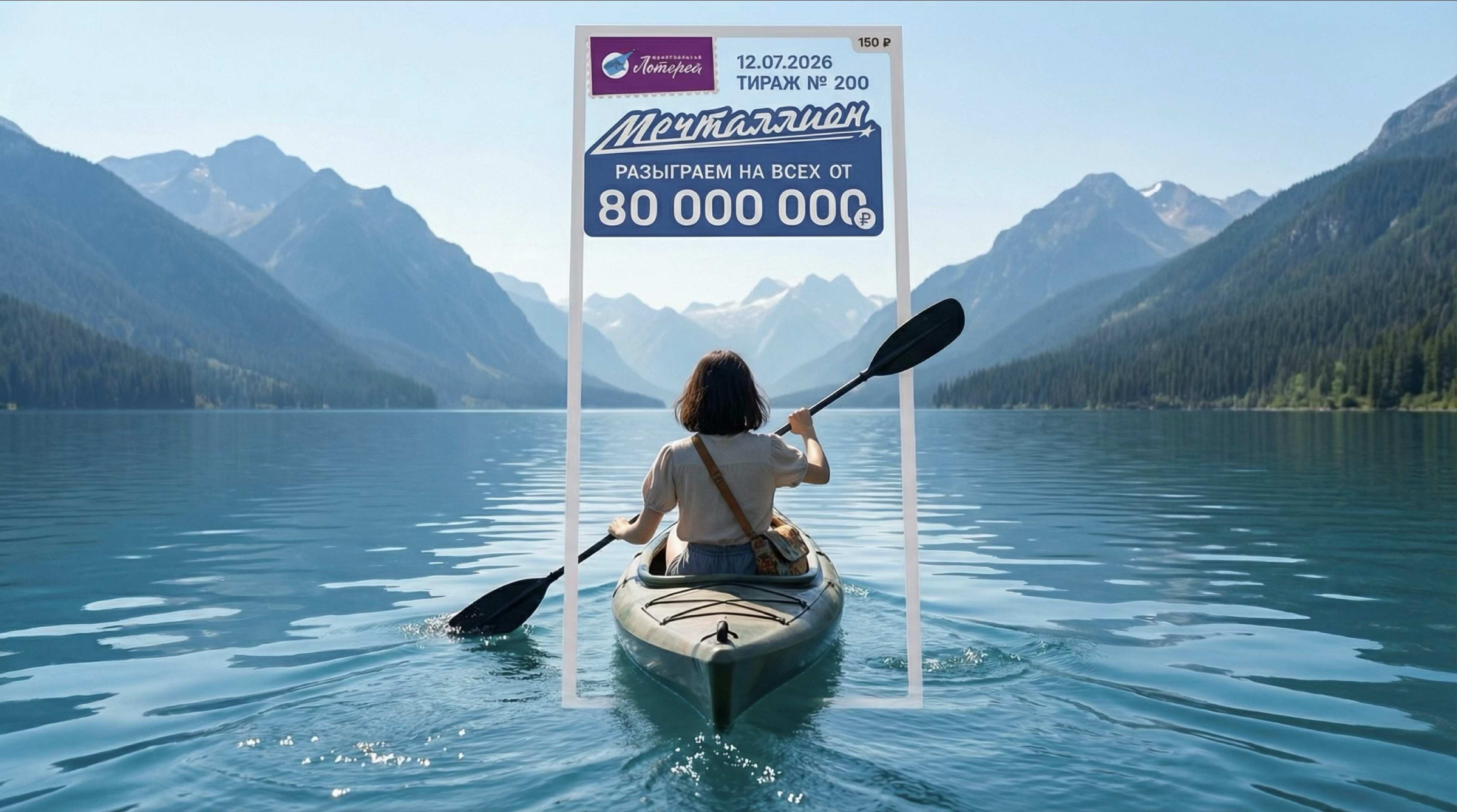 Mechtallion Summer lottery ticket frame as a portal to a mountain lake, with a woman kayaking through it